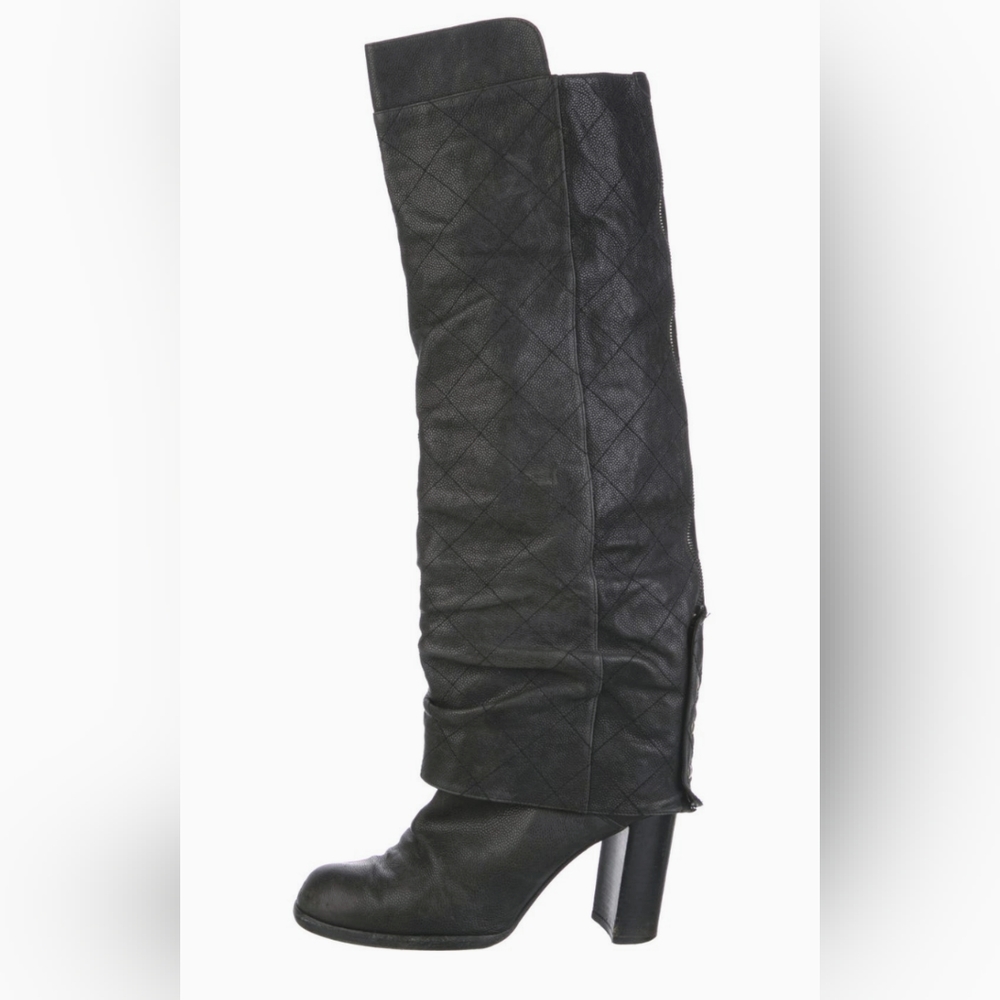 Rare! Chanel Quilted CC Over The Knee Black Leather Boots Size 10.5 US Women - Picture 1 of 16